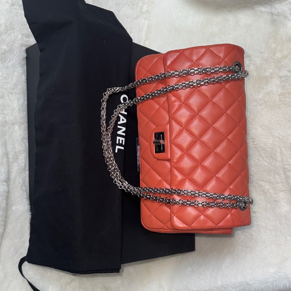 CHANEL Quilted Coral Shoulder Bag with Silver Chain